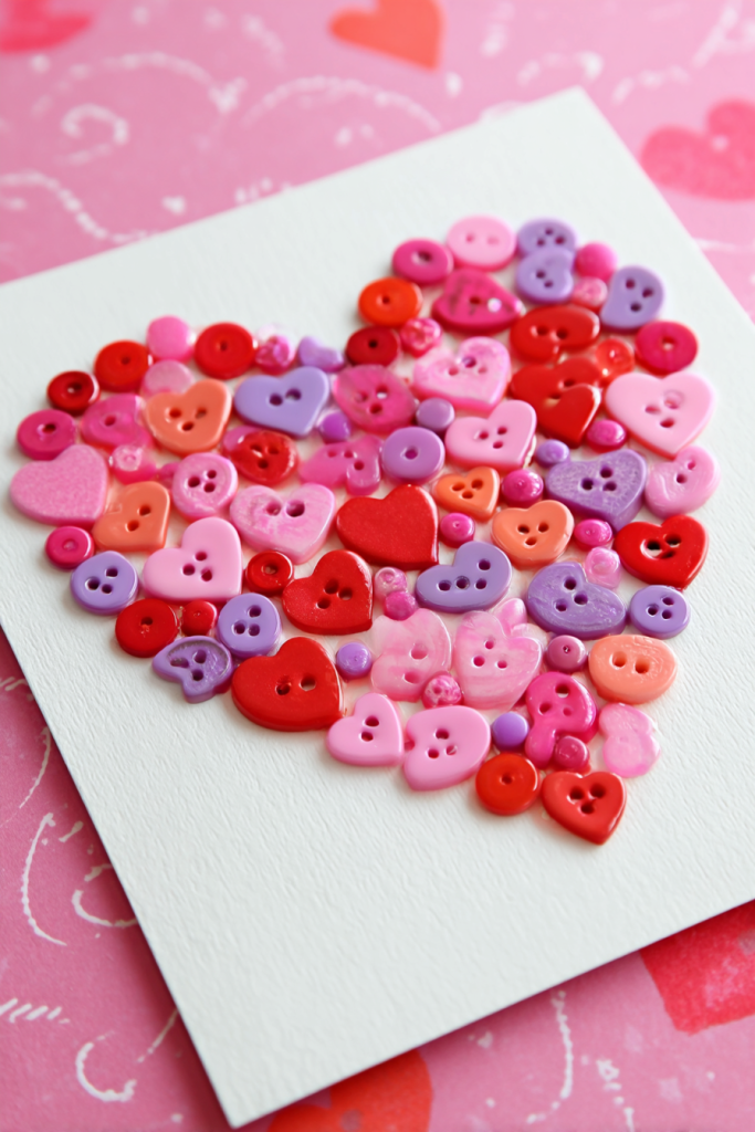 a handmade Valentine’s Day heart art piece crafted from colorful heart-shaped buttons.