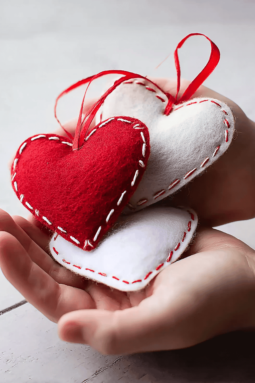 handcrafted felt heart ornaments gently cradled in two human hands.