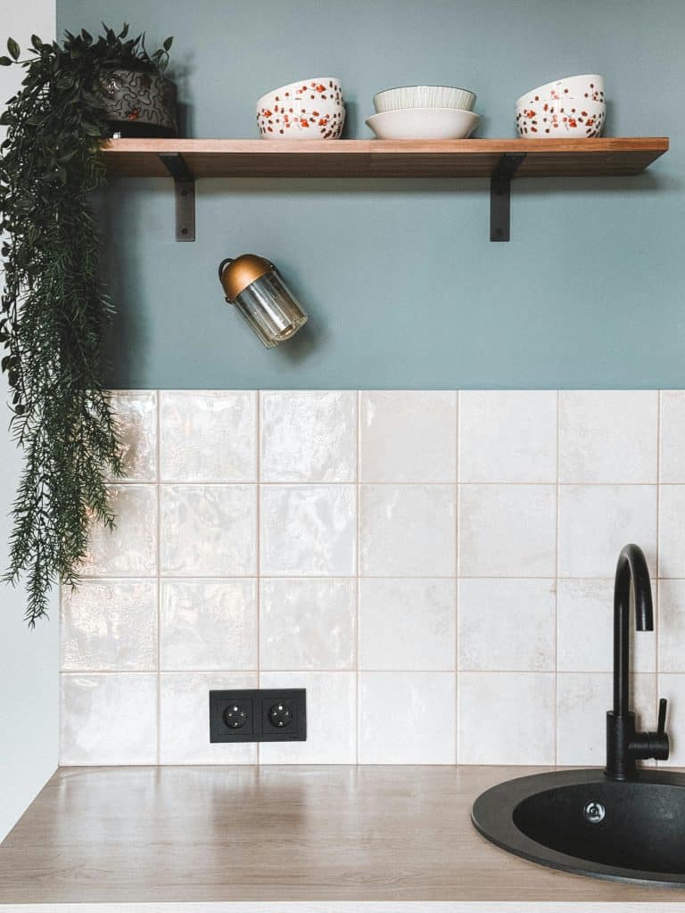 A kitchen sink with a plant on top of it
