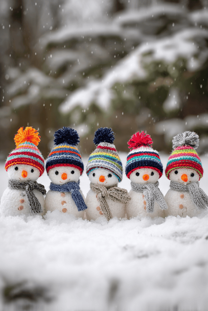 Five small, adorable snowmen lined up in fresh white snow, each wearing a colorful striped winter hat with a pom-pom and a matching gray scarf