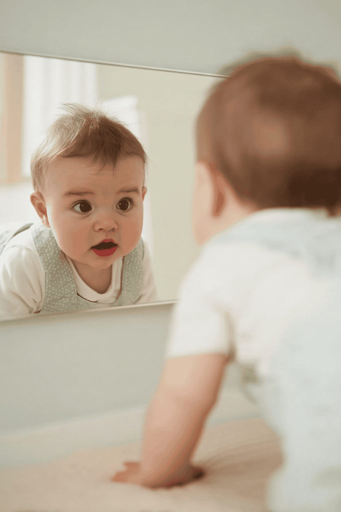 a baby engaging in a mirror play activity, capturing the moment of self-recognition and joyful curiosity