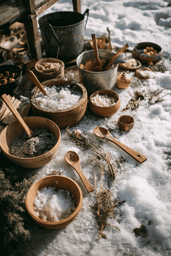 A whimsical outdoor snow kitchen set up for children’s imaginative play