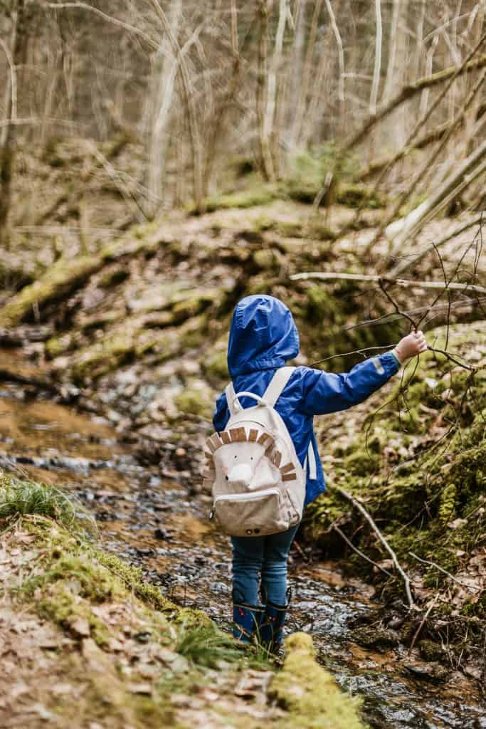 a young child exploring a shallow forest creek in early spring