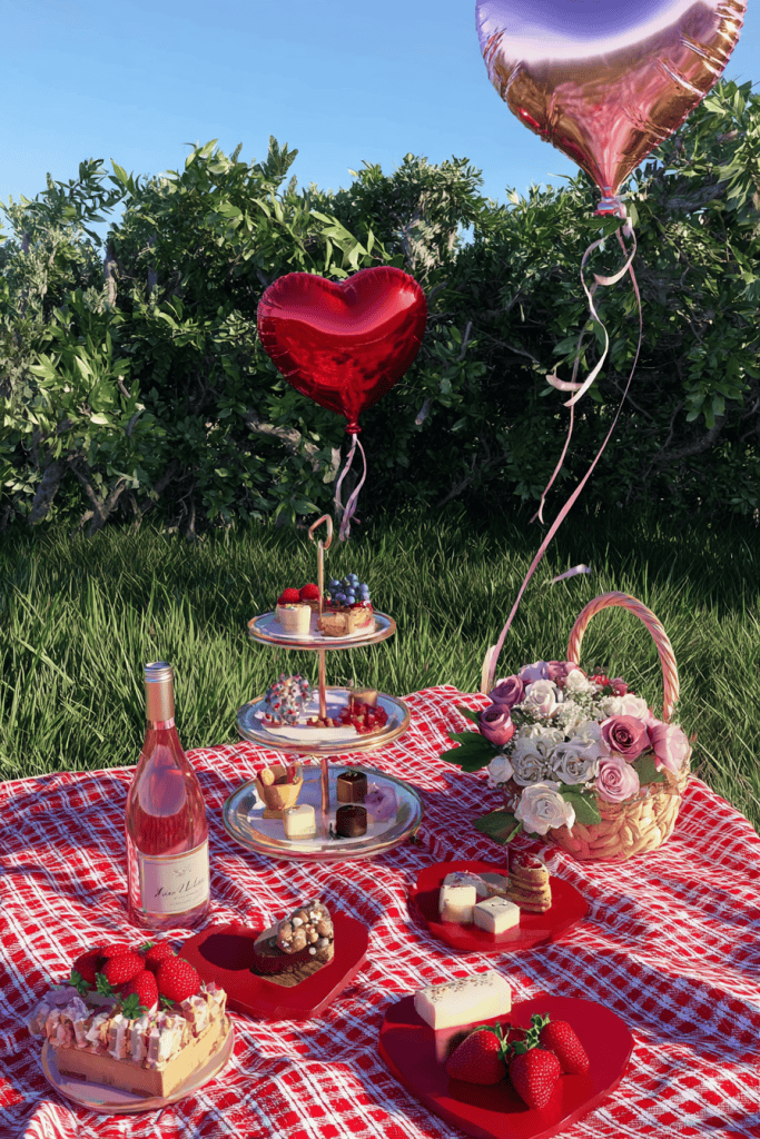 an elegant outdoor picnic setup on a sunny day. 