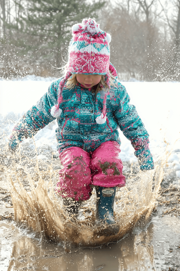 a young child joyfully jumping into a muddy puddle surrounded by snow