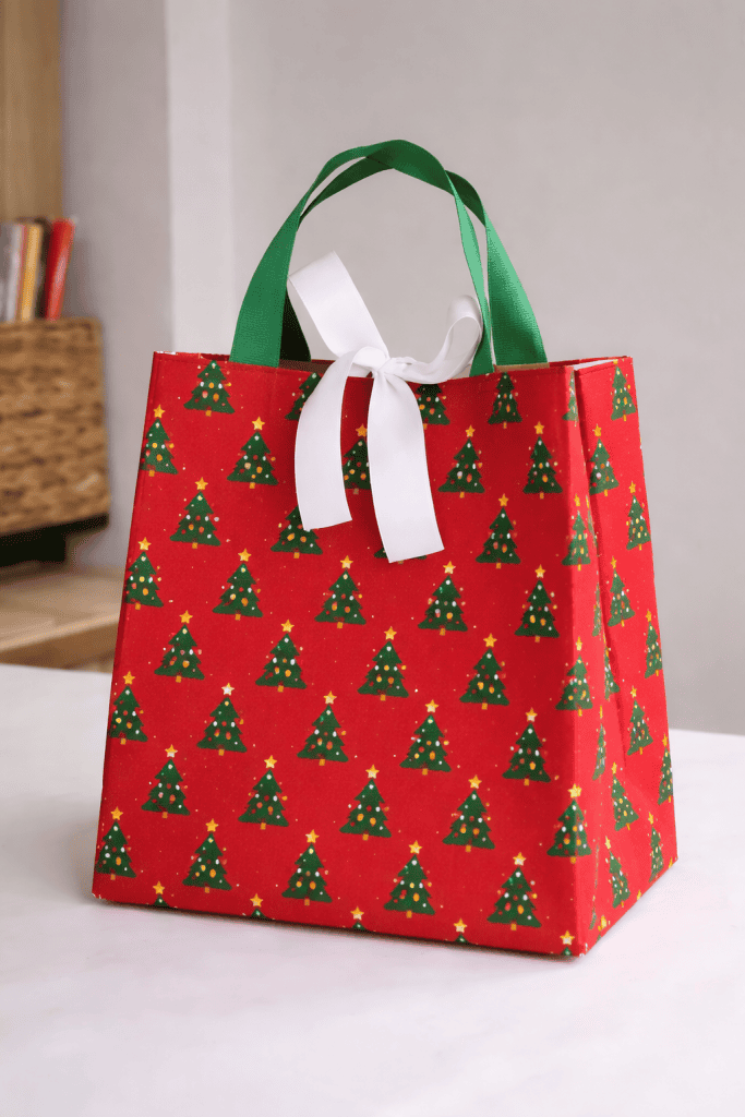 a handmade Christmas-themed fabric gift bag