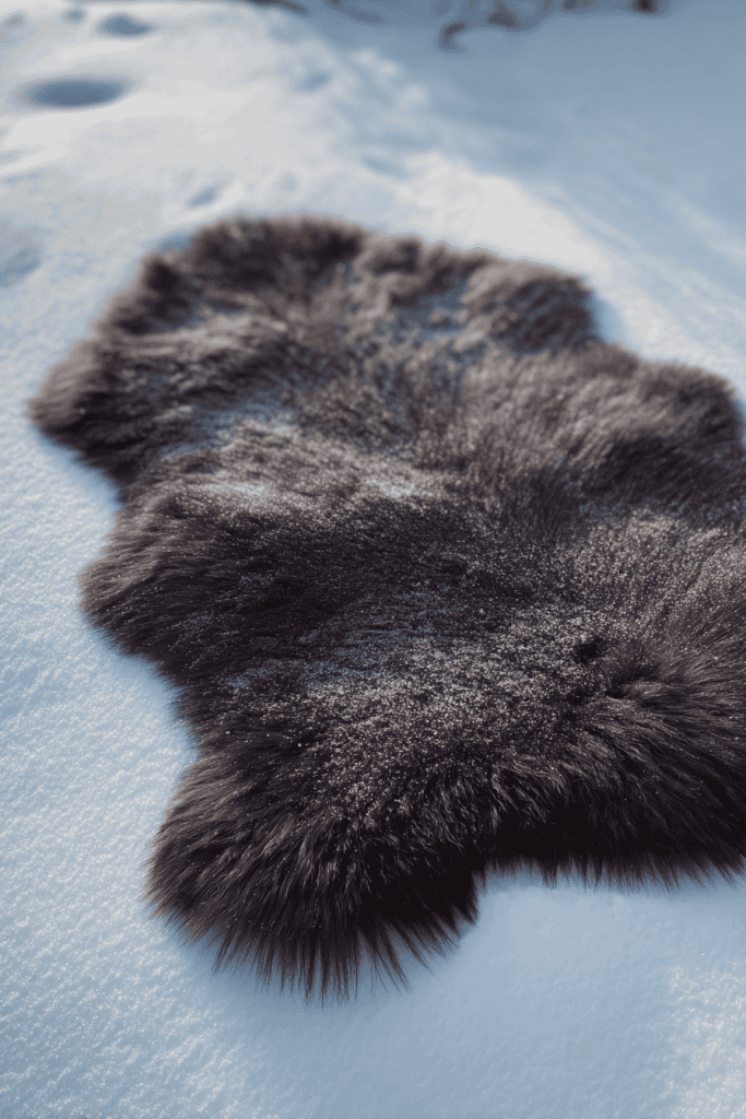 a rich, dark brown sheepskin rug laid out on fresh, untouched snow