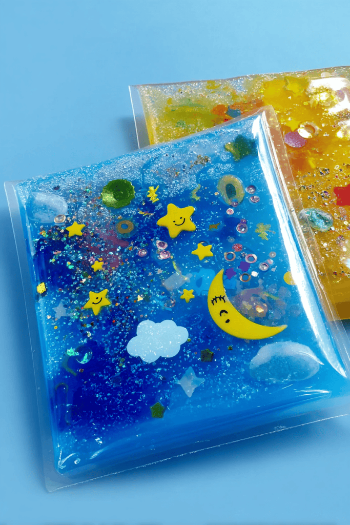 two vibrant sensory gel bags designed for young children’s tactile exploration.
