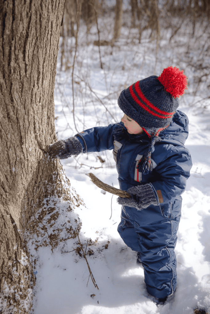 a young child exploring a tree in a snowy forest, engaging in hands-on discovery