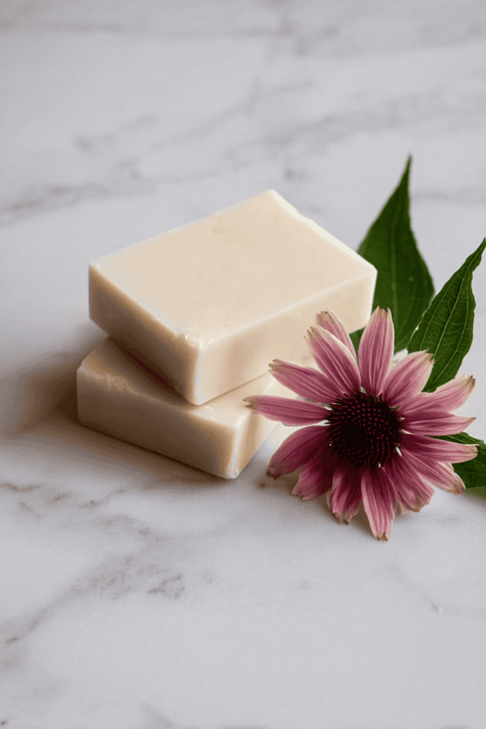 two handcrafted natural soap bars placed on a clean white marble surface with soft gray veining