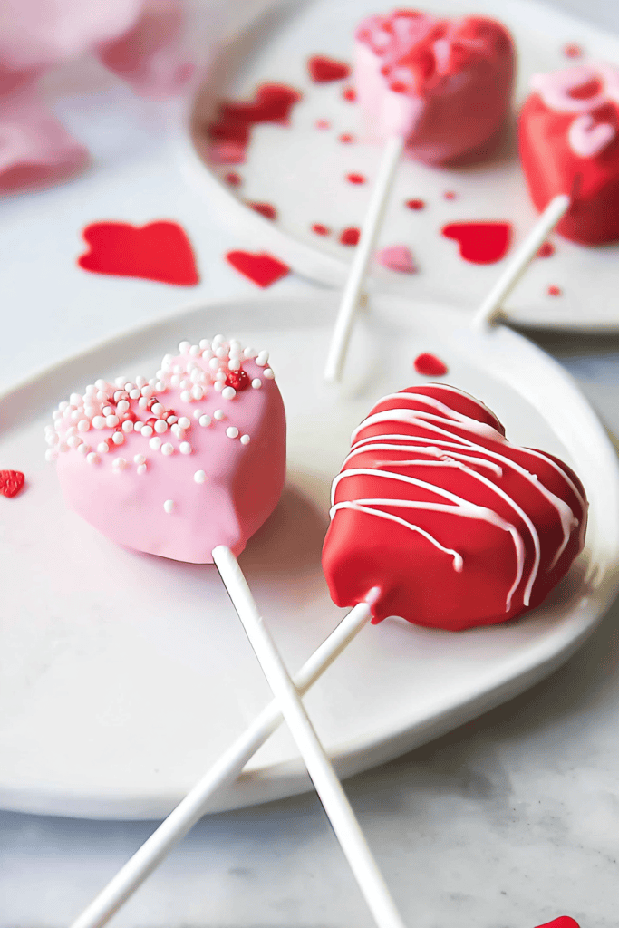 Valentine’s Day heart-shaped cake pops beautifully styled on a white ceramic plate.