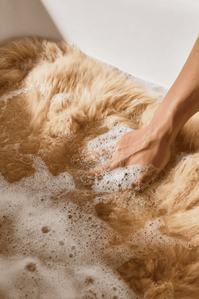 a person hand-washing a golden-beige faux sheepskin rug in a white bathtub filled with warm, soapy water