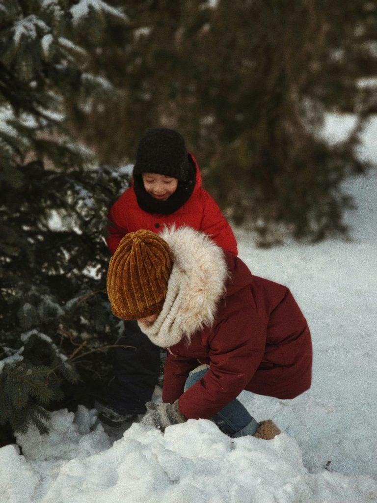 Two children playing in the snow near evergreen trees, bundled in cozy winter clothing