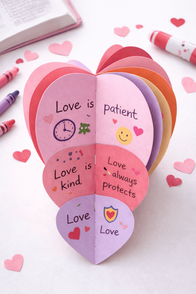 a stack of 4–6 symmetrical paper hearts, folded in half and bound together along the center fold using either staples or glue, forming a 3D paper heart that fans open like a booklet