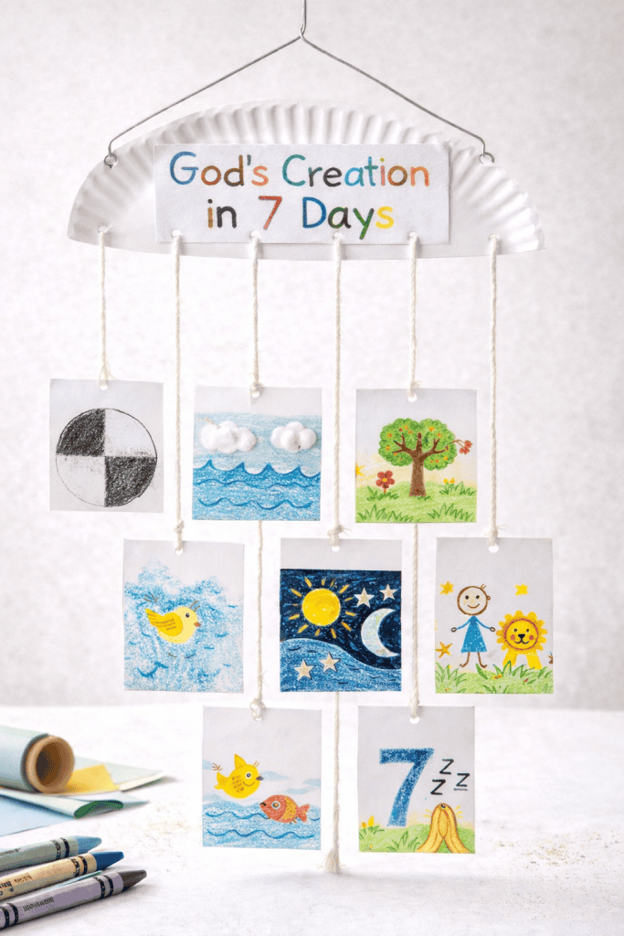 a handmade children's mobile craft titled “God’s Creation in 7 Days”, visually representing the seven days of biblical creation