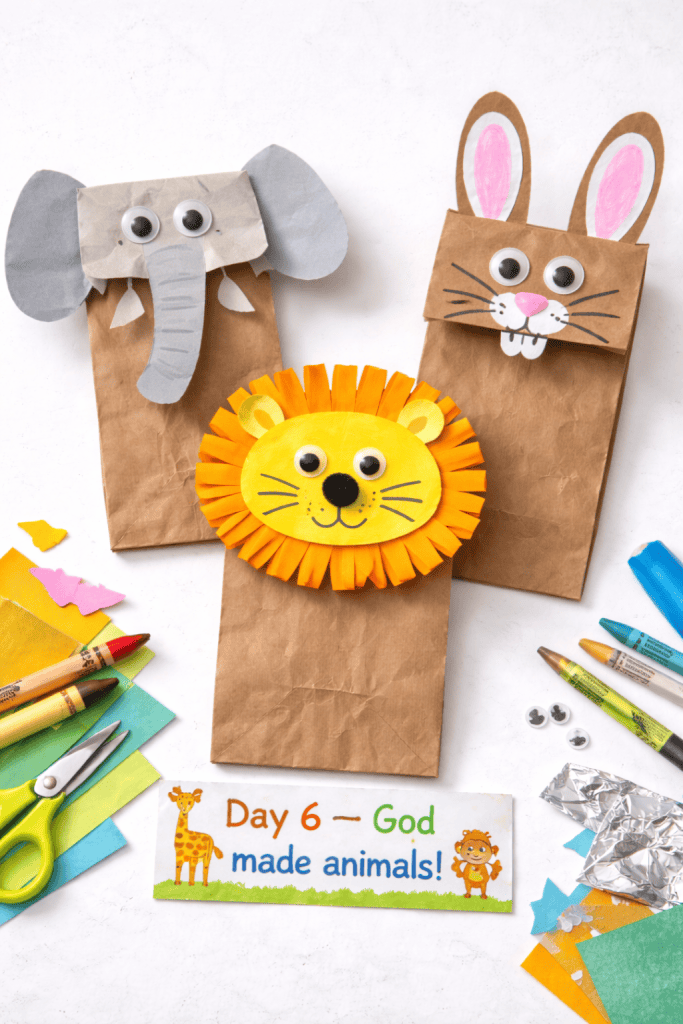 a playful children's craft scene titled “Day 6 – God Made Animals,” showcasing handmade animal puppets created from brown paper lunch bags.