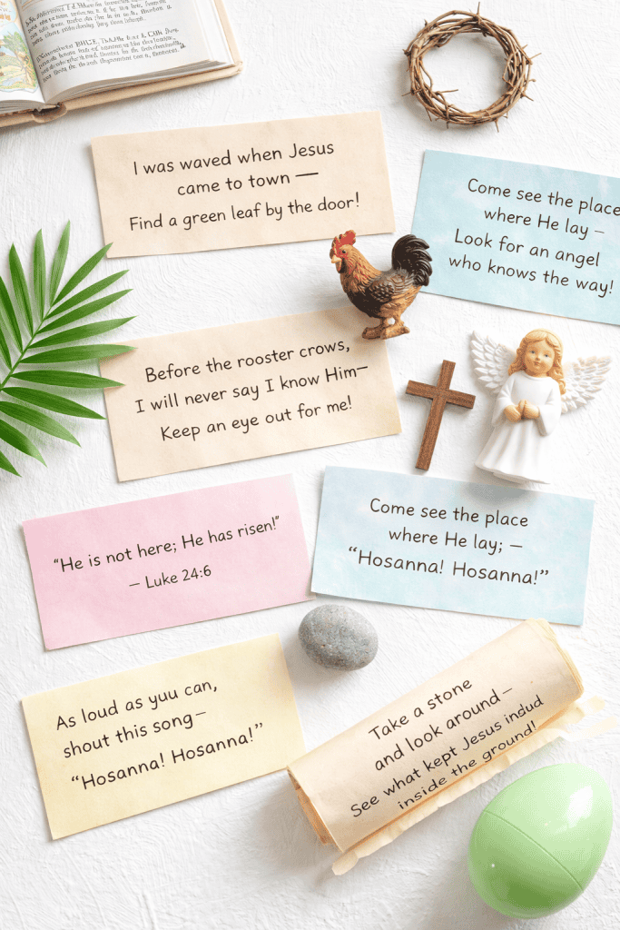 flat lay image of a Bible Verse Clue Hunt setup for Easter, styled on a bright white-painted tabletop.