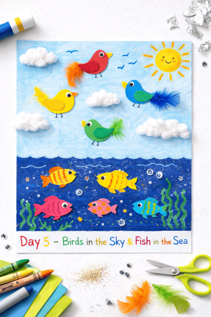 a colorful children's craft artwork illustrating “Day 5 – Birds in the Sky & Fish in the Sea” from a biblical creation series
