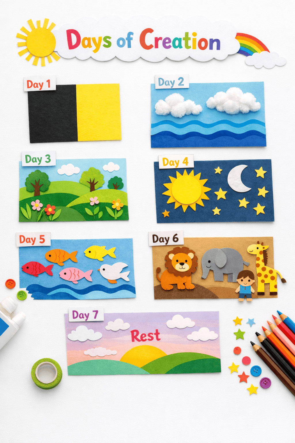 a vibrant, neatly arranged flat lay of a “Days of Creation” craft for kids displayed on a white background