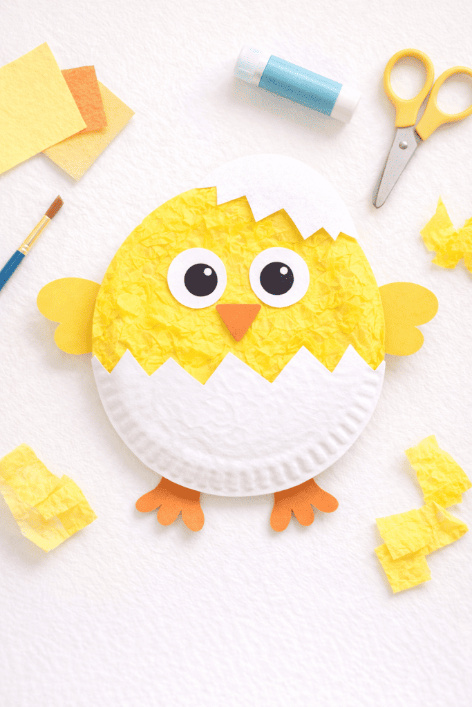a chick made from a yellow paper plate (painted or covered in textured yellow tissue paper for a fluffy look)