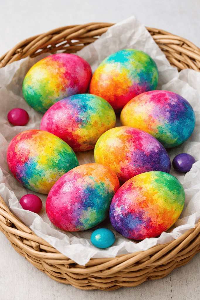 Colorful Easter eggs in a wicker basket