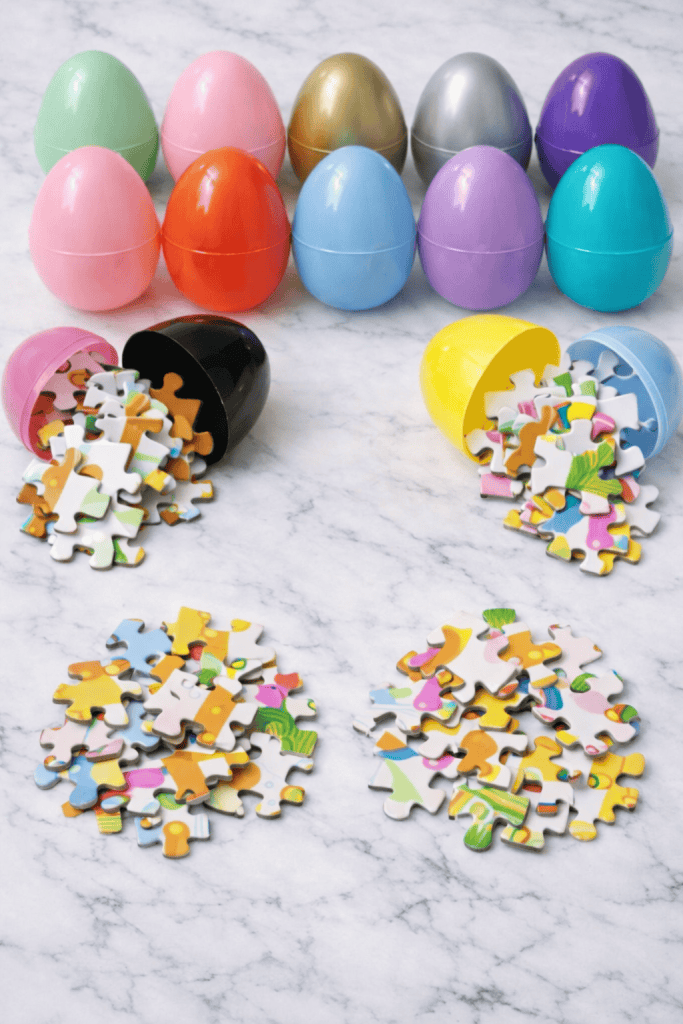 Easter eggs and puzzle pieces on marble