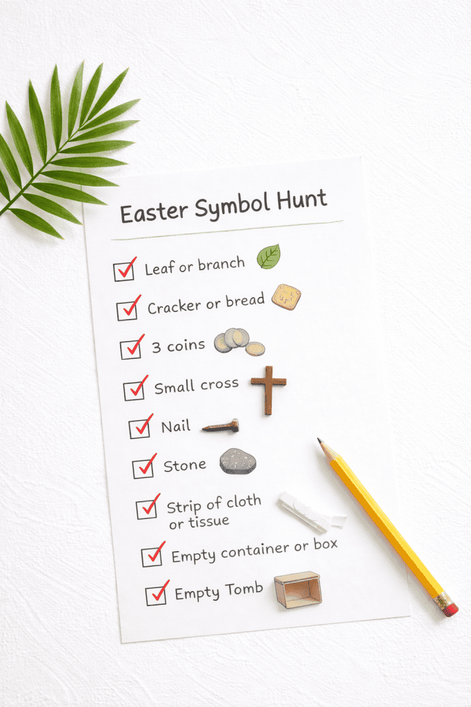 Easter symbol hunt checklist on white crisp background