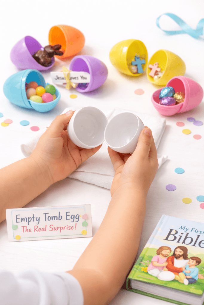 an Empty Tomb Easter Egg Hunt setup, designed for young children