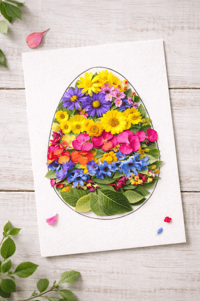 handmade Easter egg collage artworks displayed on white cardstock sheets