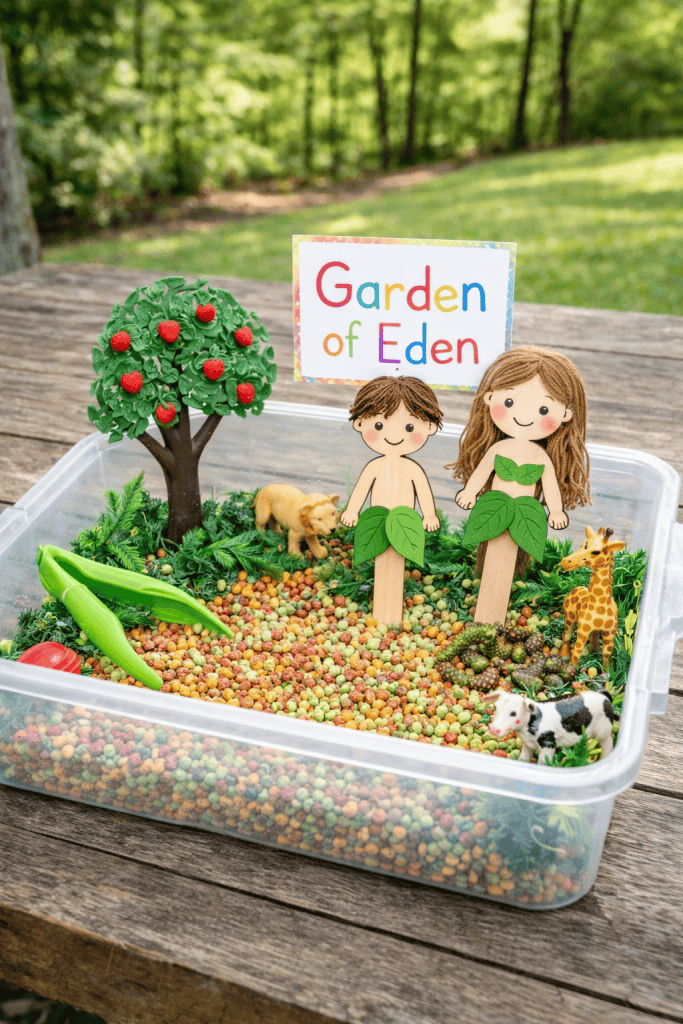 a vibrant children's sensory bin craft depicting the biblical Garden of Eden