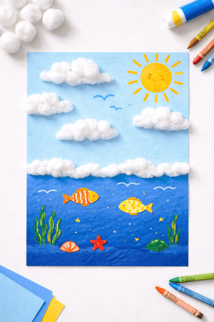 a finished Genesis Day 2 children’s collage craft titled “Sky and Sea,” displayed on a clean white table background.