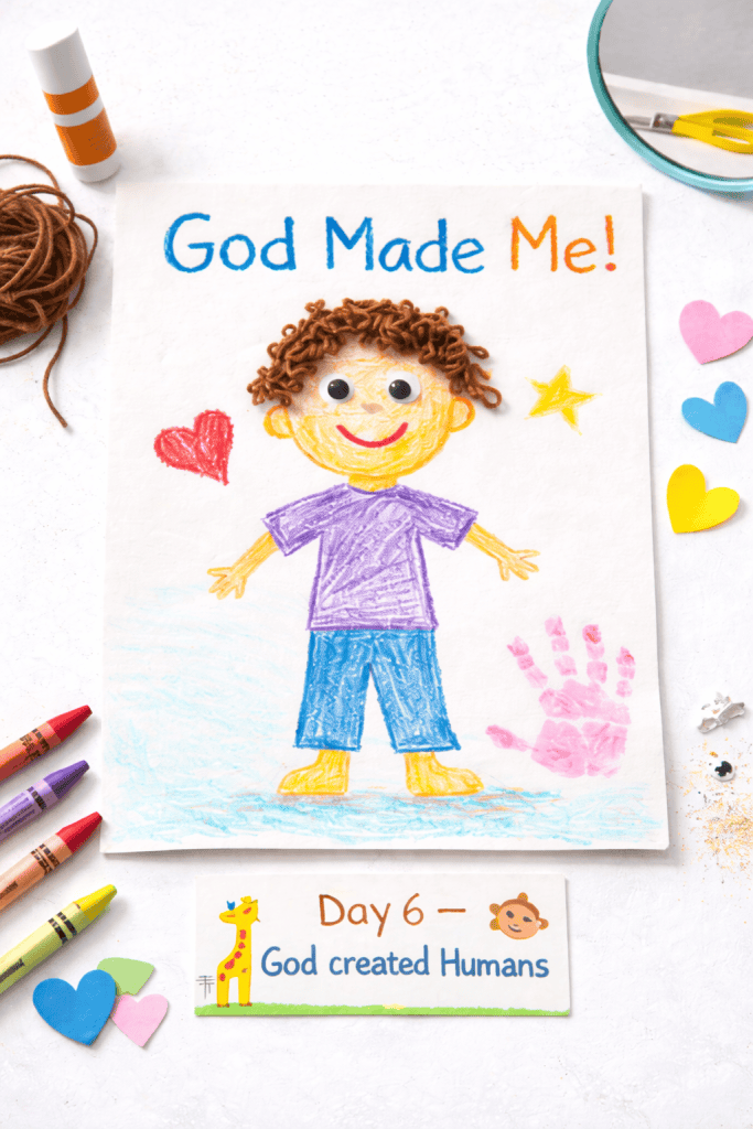 a children's art project titled "God Made Me!", part of a faith-based series illustrating Day 6 – God Created Humans from the biblical creation story.