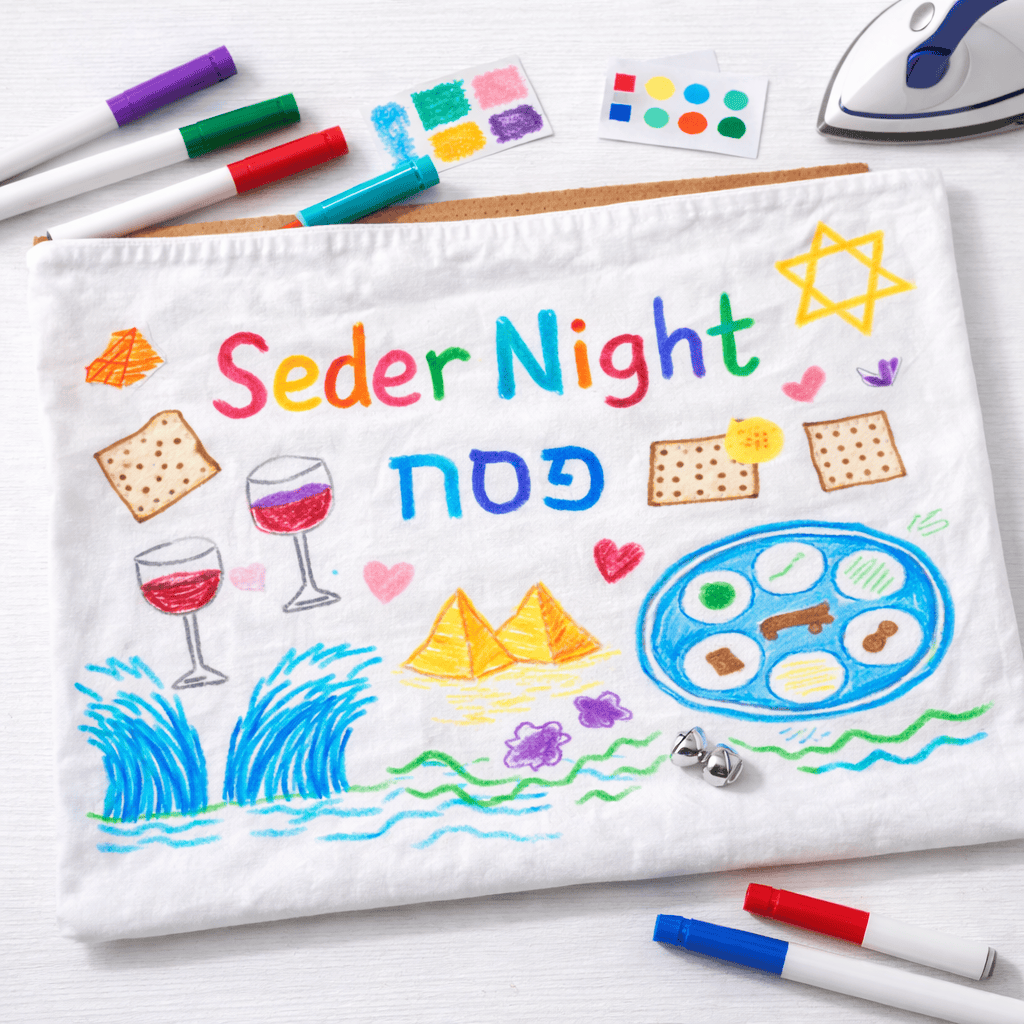 a child-decorated Passover Seder pillowcase laid flat on a clean white or light wood surface.