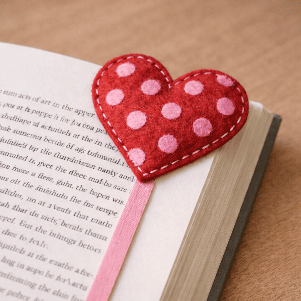 Handmade heart bookmark on an open book