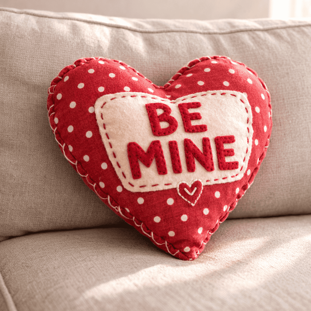 a handmade heart-shaped throw pillow resting naturally on a simple fabric sofa.