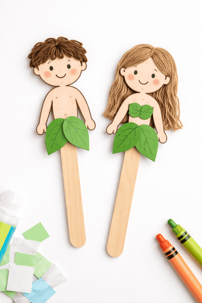 Handmade stick puppets of Adam and Eve