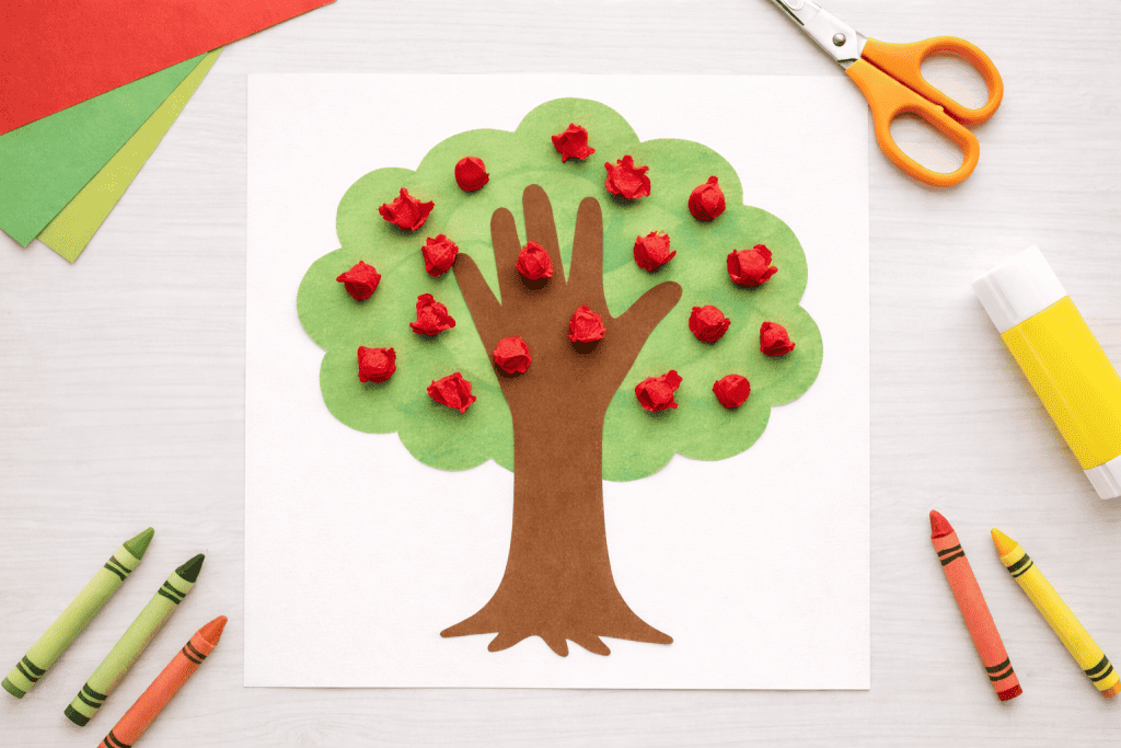 flat lay of a completed “Handprint Garden Tree” craft on a clean white or light wood background.