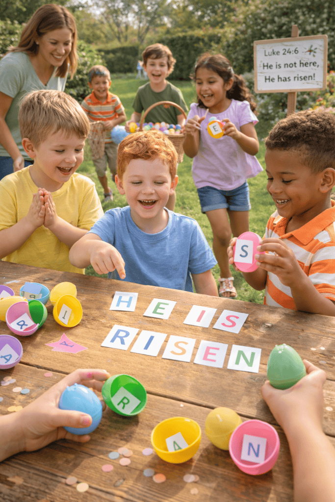 a joyful children’s Easter scavenger hunt called the “He Is Risen” Letter Scramble Hunt, set in a sunny spring backyard. Show several children excitedly hunting for colorful plastic Easter eggs scattered across a grassy yard