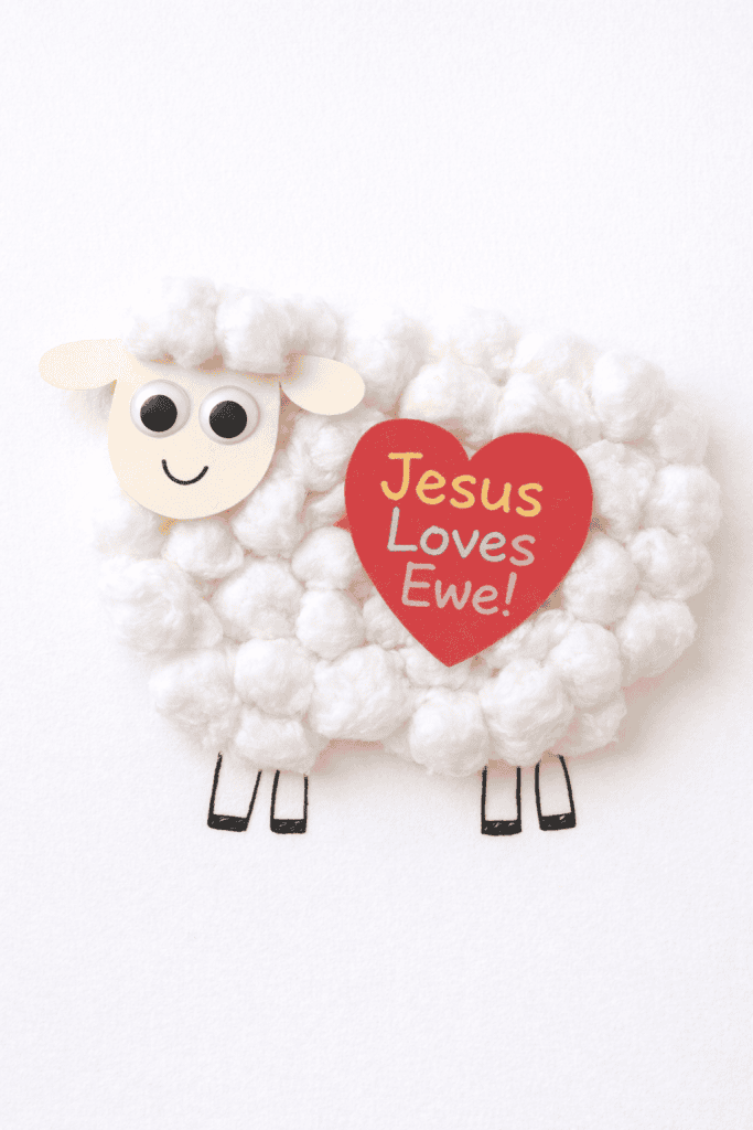 a handmade children’s Christian craft featuring a fluffy sheep made from white cotton balls.