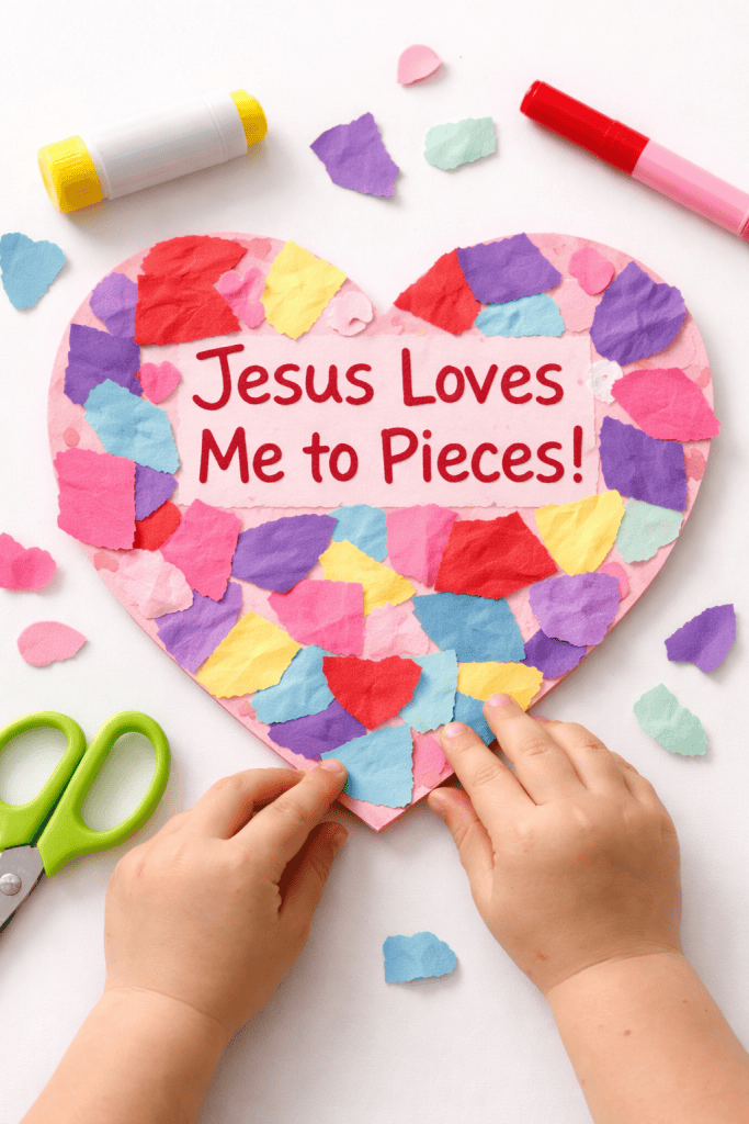 a toddler-made Valentine’s Day craft titled “Jesus Loves Me to Pieces” Mosaic Heart.
