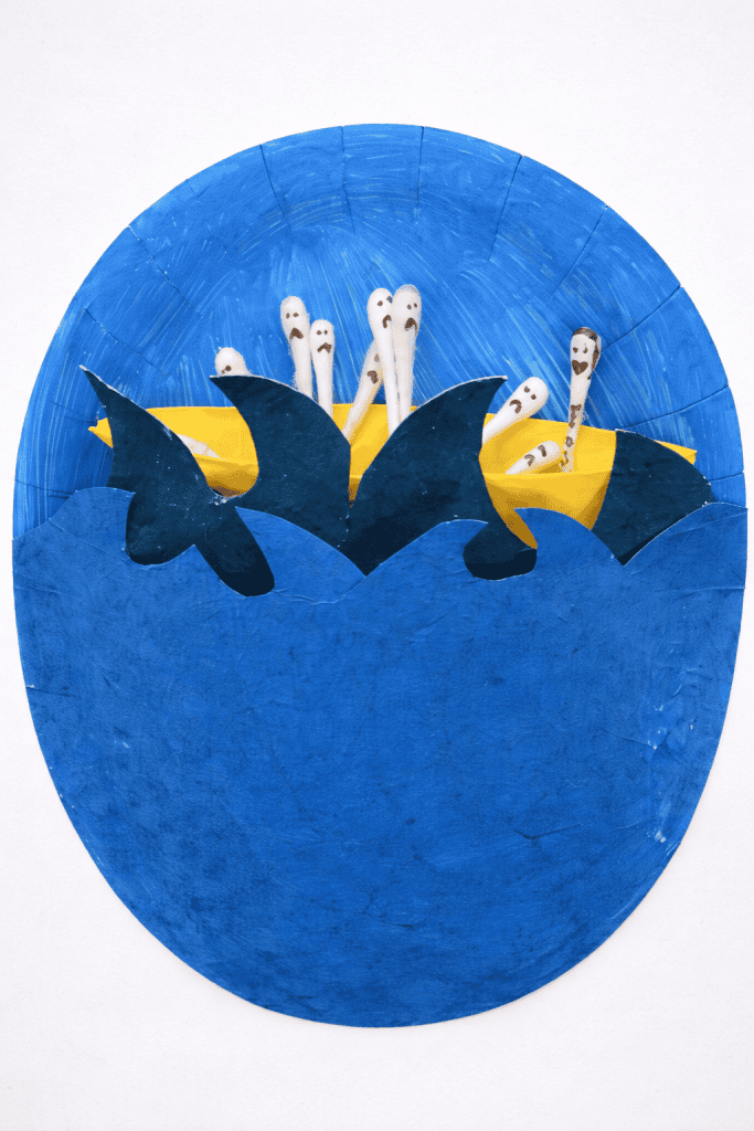 a handcrafted Bible-themed art project depicting a dramatic sea scene. 