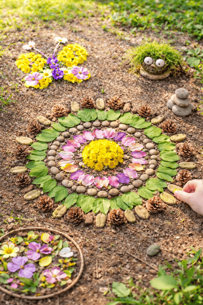 children’s spring nature art creations arranged directly on the forest floor.