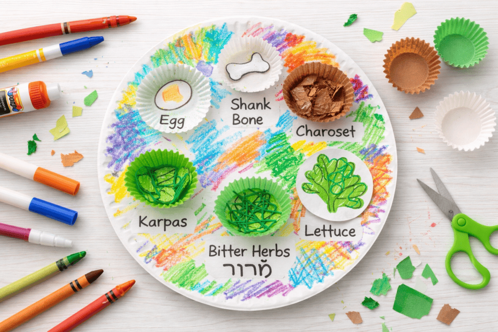a child-made Paper Plate Seder Plate craft displayed on a light wood background.