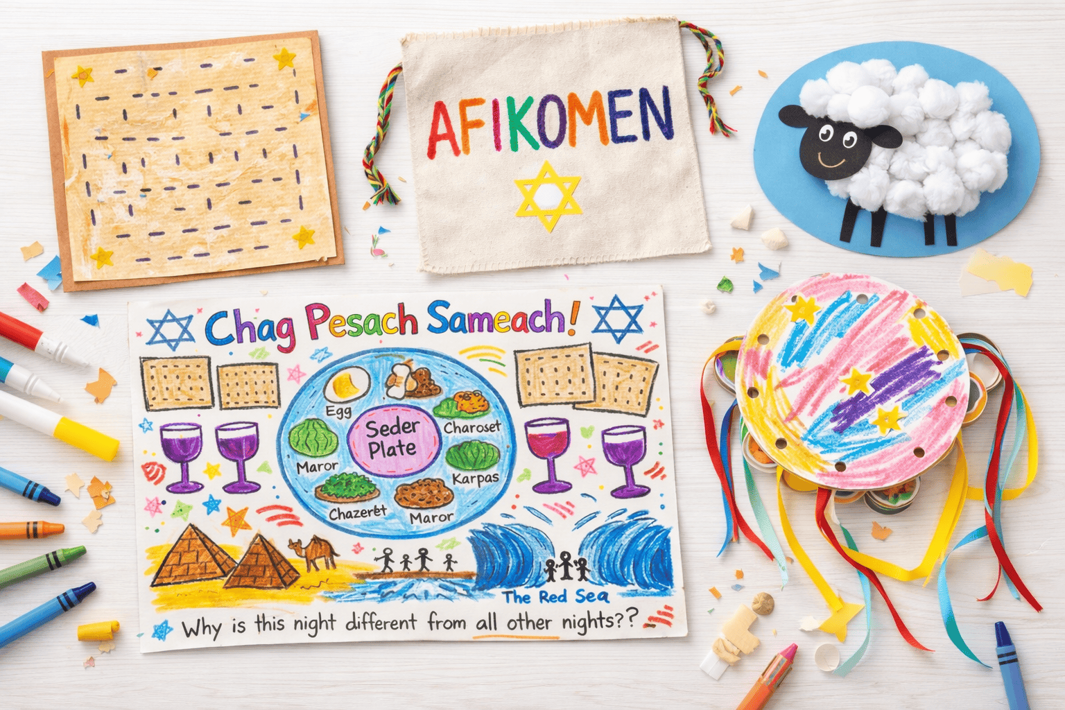 a collection of simple Passover crafts for kids arranged neatly on a clean white or light wood background.