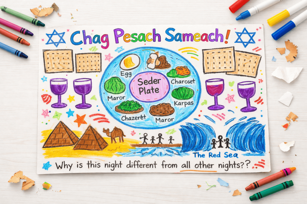 a child-decorated Passover placemat displayed on a clean white or light wood table