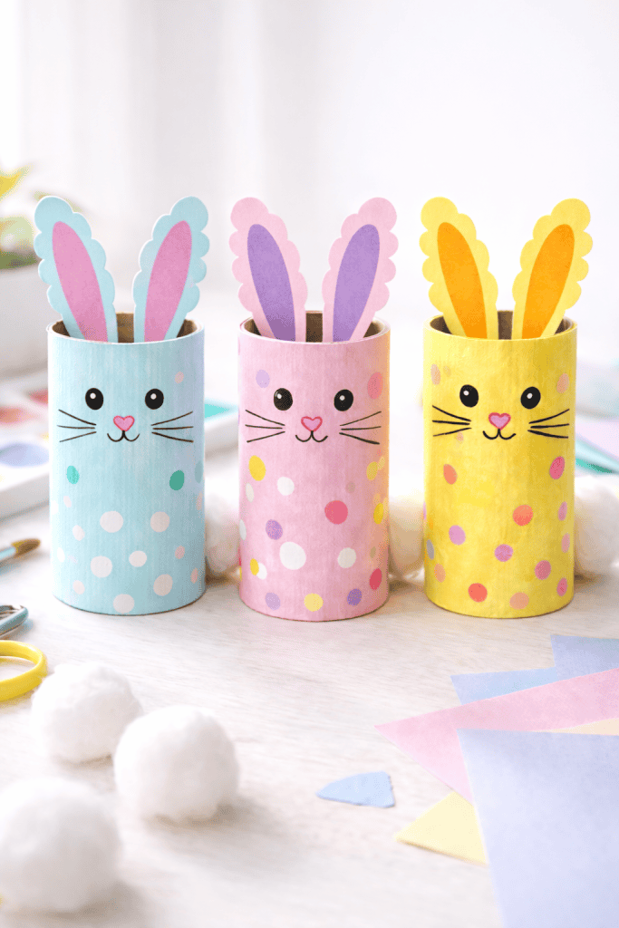 three handmade toilet paper roll bunny craft displayed on a child-friendly craft table