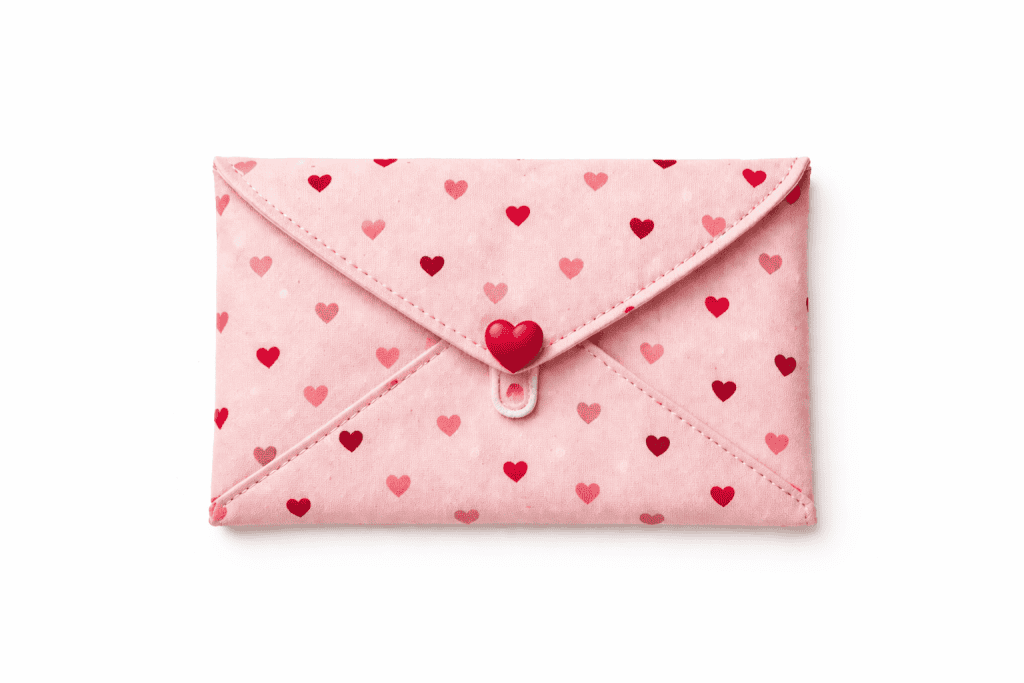 Pink heart-patterned fabric envelope with button