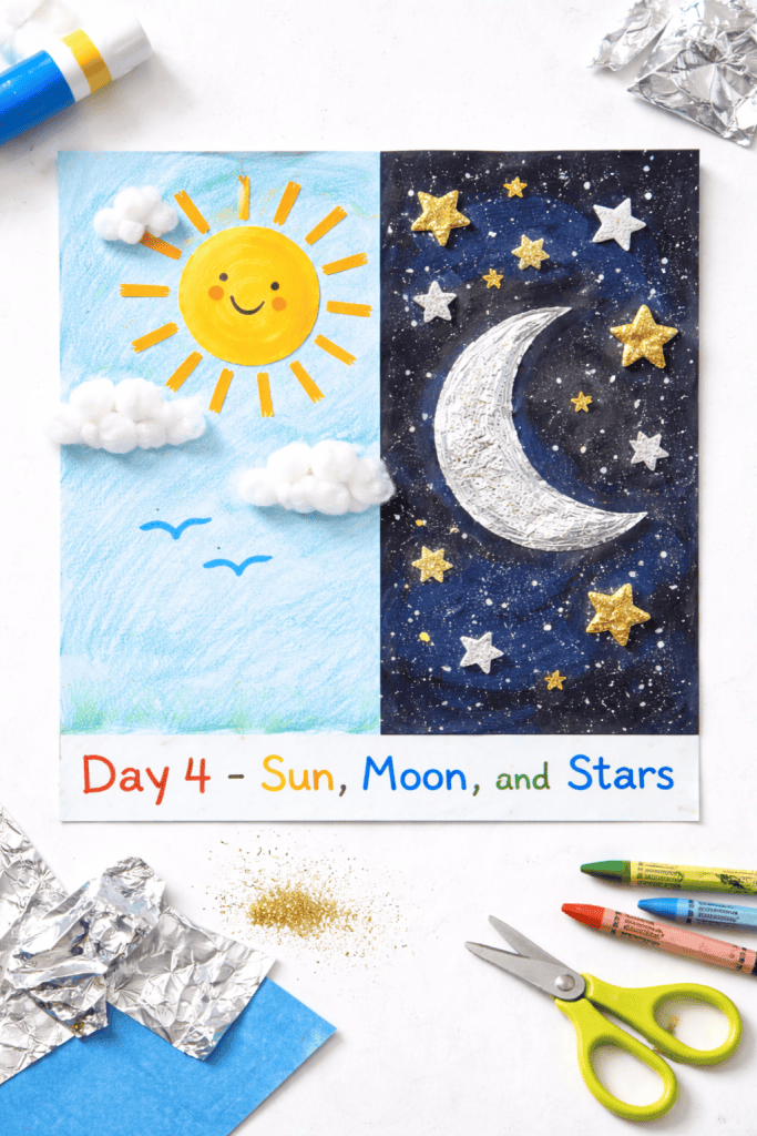 a children's handmade craft artwork representing "Day 4 – Sun, Moon, and Stars" from a biblical creation theme.