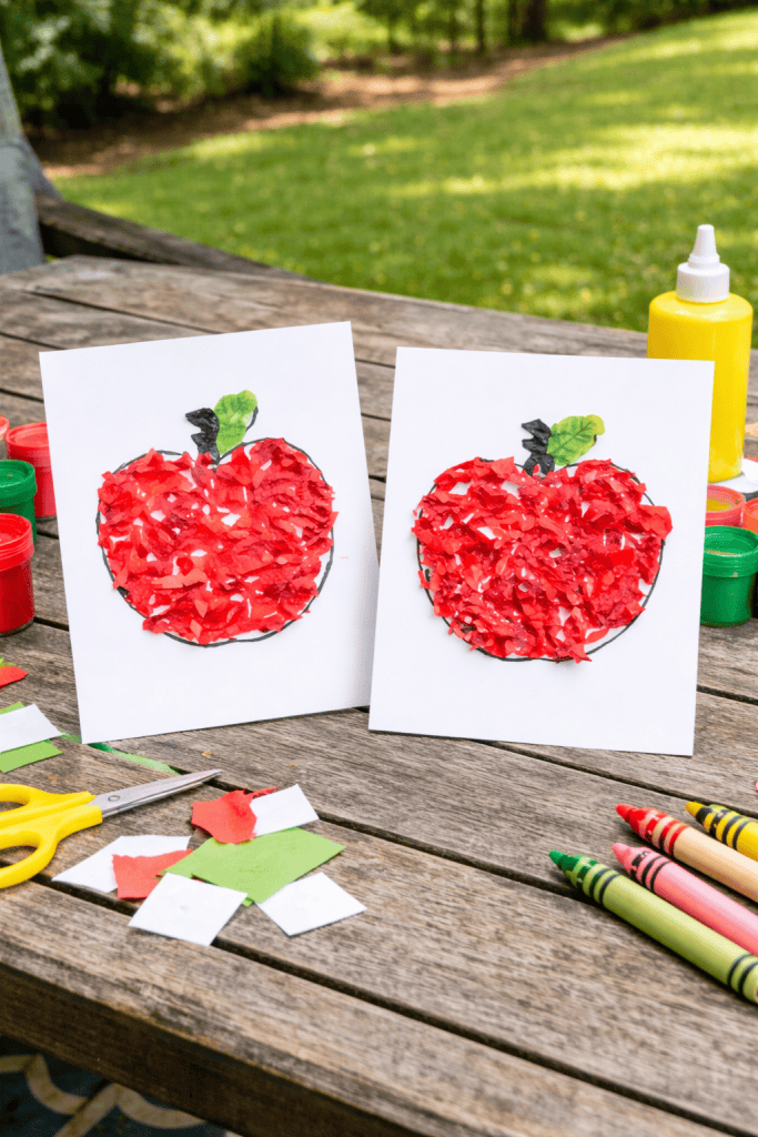 two white cardstock sheets, each displaying a large apple shape filled in with small pieces of torn red, green, and white tissue