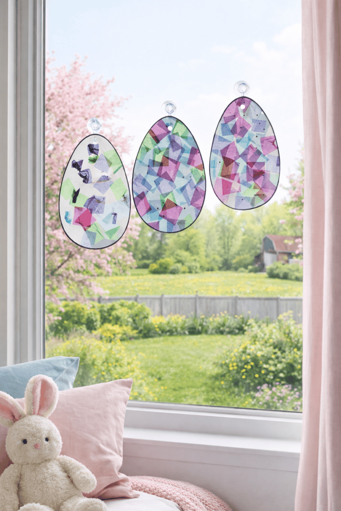three colorful, handmade tissue paper egg suncatchers displayed on a sunlit window.